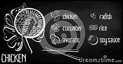 Vector menu of chicken poke bowl on chalk board background. Illustrations of a lunch of Hawaiian cuisine with lettering. Chicken, Vector Illustration