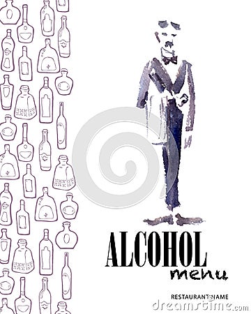 Vector menu template with bottles and watercolor waiter. Vector Illustration