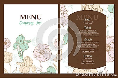 Vector menu template design with vintage floral elements tulip, poppy, daffodil. Great for restaurant, cafe, bar Vector Illustration