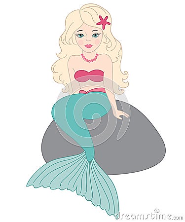 Vector Mermaid Sitting on Stone, Mermaid Clipart Vector Illustration