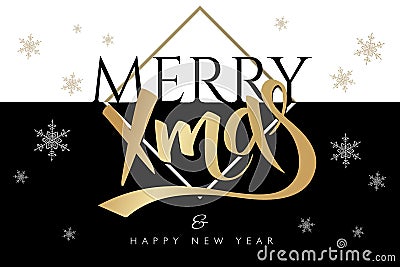 Vector merry christmas greetings card with lettering golden word - xmas - and snowflakes on black and white background Vector Illustration