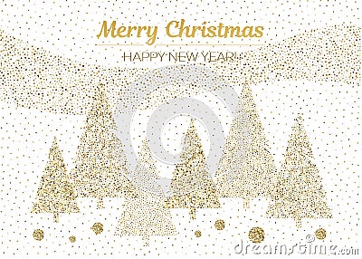 Vector merry Christmas and happy New Year design. Horizontal card with Christmas trees gold and white colors. Cartoon Illustration