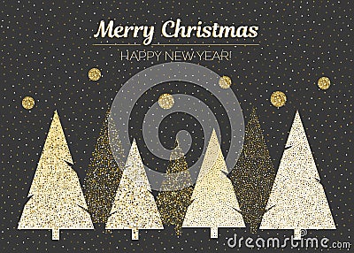 Vector merry Christmas and happy New Year design. Horizontal card with Christmas trees in black, gold and white colors. Cartoon Illustration