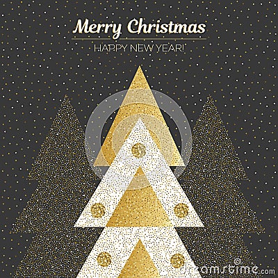 Vector merry Christmas and happy New Year design. Square card with Christmas trees in black, gold and white colors. Cartoon Illustration