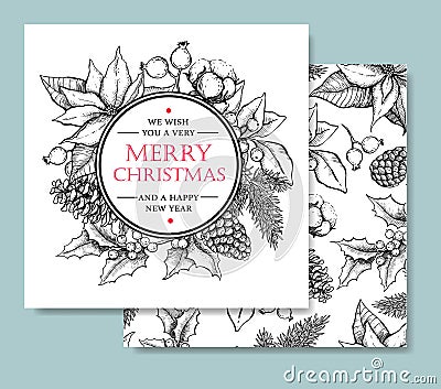 Vector Merry Christmas and Happy New Year hand drawn vintage car Vector Illustration