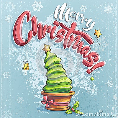 Vector merry christmas illustration with a Christmas trees, gift, star Vector Illustration