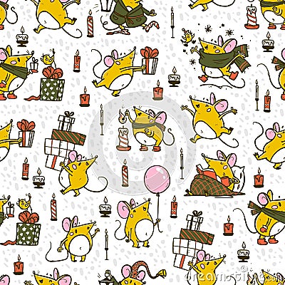 Vector Merry Christmas seamless pattern with hand drawn happy mice characters isolated. Vector Illustration