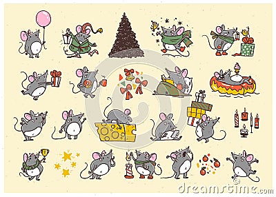 Vector Merry Christmas set of hand drawn happy mice characters isolated. Vector Illustration