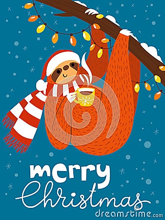 Vector Merry Christmas card with cute funny sloth with coffee cup Vector Illustration