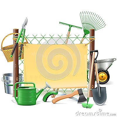 Vector Mesh Frame with Garden Tools Vector Illustration