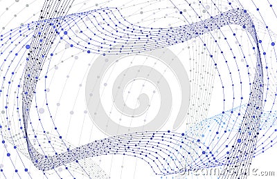 Vector Mesh, White Background, Blue Network Swirls, Connected Dots, Abstract Graphic Backdrop Template. Vector Illustration