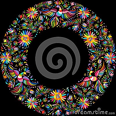 Vector Mexican embroidery round frame pattern Vector Illustration