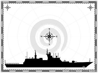 Vector military ship on the background of the map. Wind rose. Vector Illustration