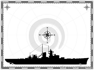 Vector military ship on the background of the map. Wind rose. Vector Illustration