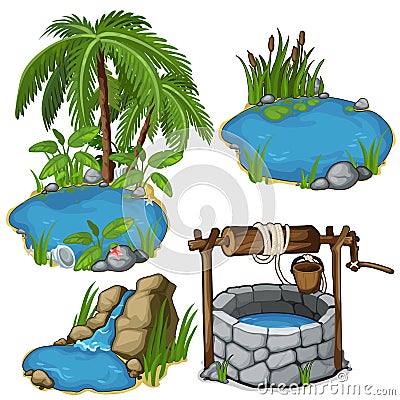 Vector miniature different ponds with classic well Vector Illustration