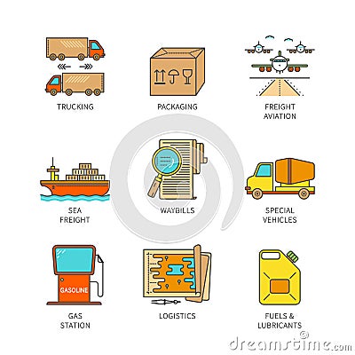 Vector minimal lineart flat freight icons set Vector Illustration