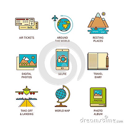 Vector minimal lineart flat travel icon set Stock Photo