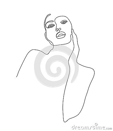 Vector minimalist linear woman illustration, abstract continuous line drawing face. Modern one line art, female portrait Vector Illustration