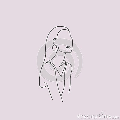 Vector minimalist linear woman illustration, abstract continuous line drawing face. Modern one line art, female portrait Vector Illustration