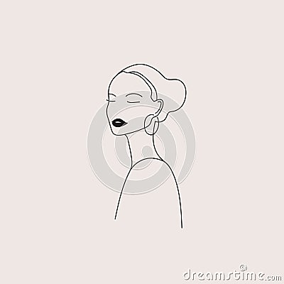 Vector minimalist linear woman illustration, abstract continuous line drawing face. Modern one line art, female portrait Vector Illustration