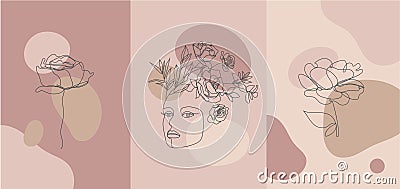 Vector minimalist style portrait. Continuous line flower, plant woman portrait. Hand drawn abstract feminine print. Use Vector Illustration