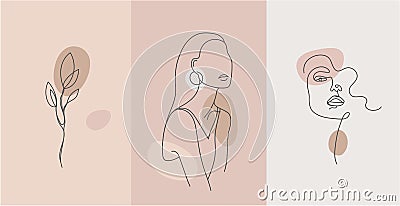 Vector minimalist style portrait. Line flower, woman portrait. Hand drawn abstract feminine print. Use for social net Vector Illustration