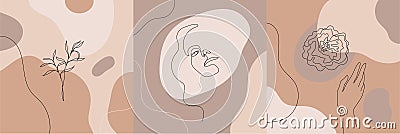 Vector minimalist style portrait. Line flower, woman portrait. Hand drawn abstract feminine print. Use for social net Vector Illustration