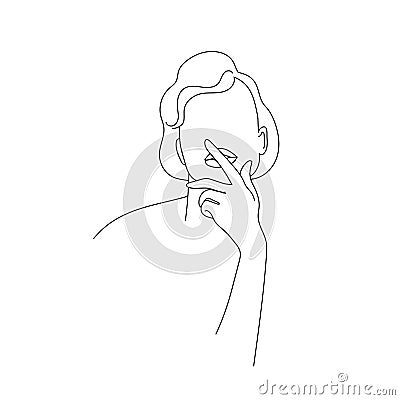 Vector minimalist style portrait, retro. Line, continuous linear woman with finger on her lips. Use for social net Vector Illustration