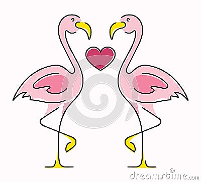 Minimalistic line art a pair of flamingos in love and the heart Vector Illustration