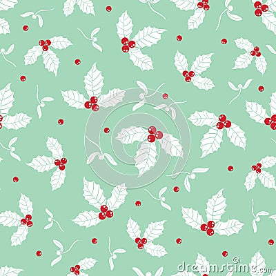 Vector mint green holly berry holiday seamless pattern background. Great for winter themed packaging, giftwrap, gifts Vector Illustration