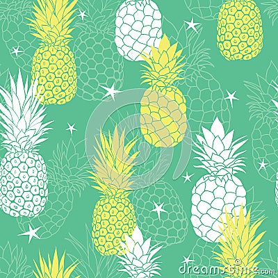 Vector mint green and yellow pineapples and stars summer tropical seamless pattern background. Great as a textile print Vector Illustration