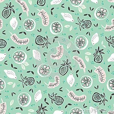 Vector mint white and pink tropical fruits seamless pattern background Vector Illustration