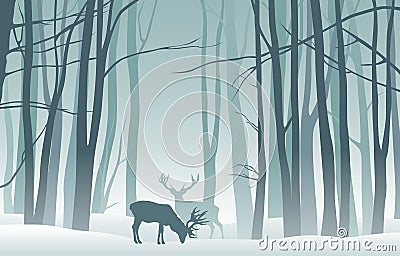 Vector misty winter landscape with silhouettes of trees and deer Vector Illustration