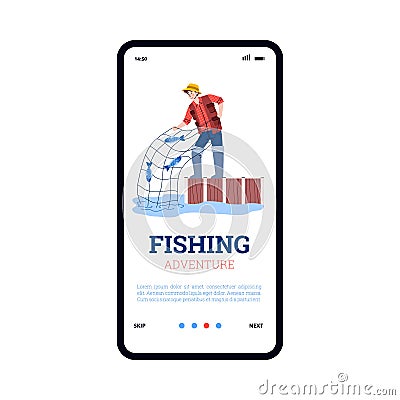 Vector mobile phone screen with app for adventure for fishers in fishing season. Vector Illustration