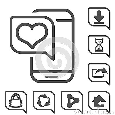 Vector mobile, smartphone. Communication icons of download, share. Line symbols with heart, like, back home, upload, locked lock, Vector Illustration