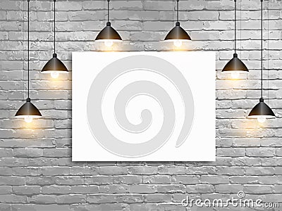 Vector Mock up poster with ceiling lamps white brick wall Vector Illustration