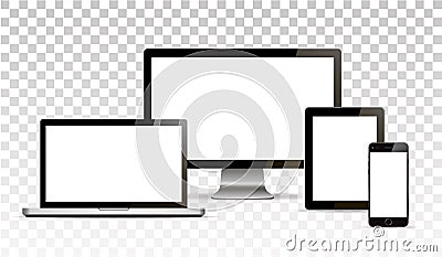 Vector mock up. Set of blank screens. Computer, tablet on transparent background. Isolated. Vector Illustration