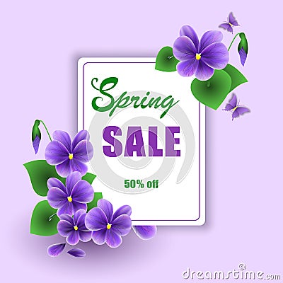 Vector mockup of banner beautiful spring violet flower on background, layout for sale flyer, design for illustration. Vector Illustration