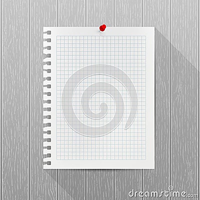 Vector mockup. Sheet of notebook paper with a red push pin hanging on a gray wooden wall. Empty blank. Wood texture Vector Illustration