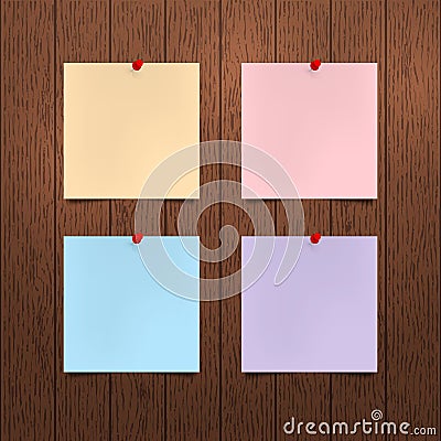 Vector mockup. Sheets of color paper with a red push pins hanging on a brown wooden wall. Empty blanks, notes. Vector Illustration