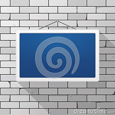 Vector mockup. Simple blue sign hanging on a gray brick wall. White rectangular frame. Vector Illustration