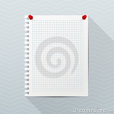 Vector mockup. White sheet of notebook paper with red push pins hanging on a gray office wall. Empty rectangular blank. Vector Illustration