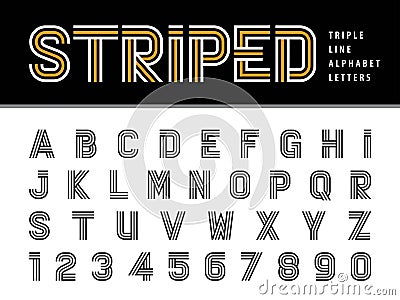 Vector of Modern Alphabet Letters and numbers, Triple Line Stripes Font, Parallel stylized, Three Lines for each letter Vector Illustration