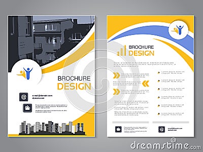 Vector modern brochure design, abstract flyer with background of houses. Layout template with city. blue, yellow and white. Vector Illustration