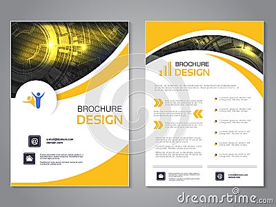 Vector modern brochure with wave design, abstract flyer with technology background. Layout template. Poster of black, yellow and w Vector Illustration