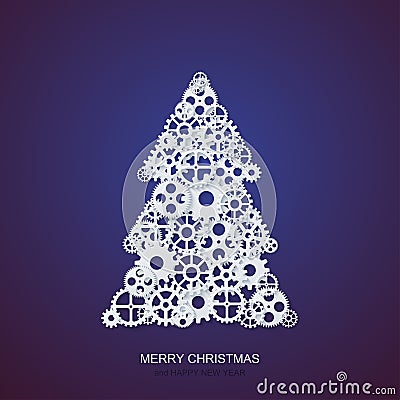 Vector modern concept christmas tree and mechanism gears background. Invitation of xmas or happy new year. Vector Illustration