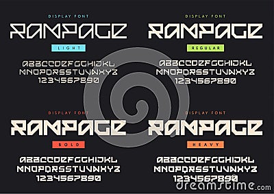 Vector modern display font named Rampage. Light, regular, bold a Vector Illustration