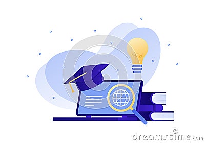 Vector modern flat education illustration. Book on laptop light bulb, books, master hat. Concept of online training, university, Vector Illustration
