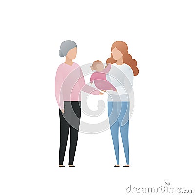 Vector modern flat family character illustration. Cute gradient grandmother with her daughter and grandchild baby isolated on Cartoon Illustration