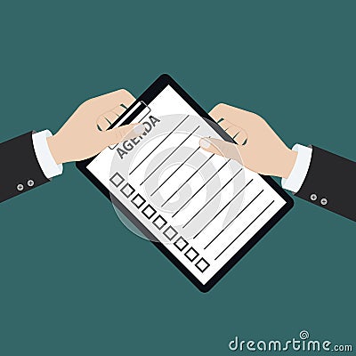 Vector modern flat illustration on hands holding clipboard with empty sheet of paper and pencil | Clipboard with blank paper and Cartoon Illustration